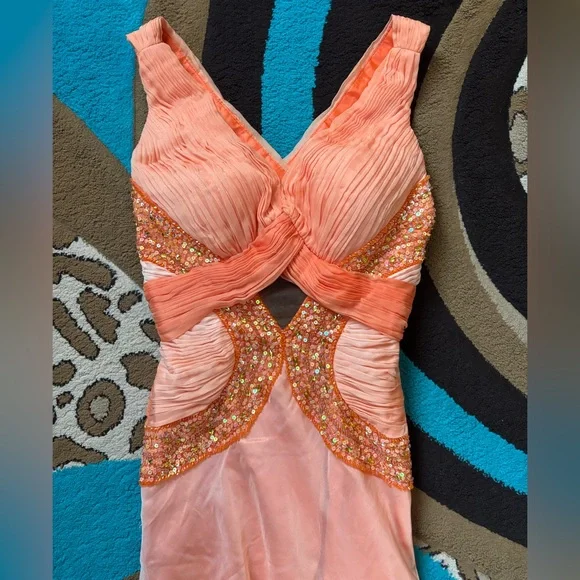 Bicici Coral Orange Beaded Evening Formal Gown - Picture 4 of 12